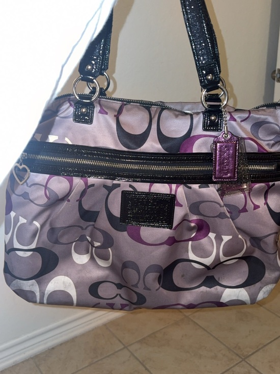 Coach Handbags - Coach Gray and Purple Signature Print Shoulder Tote